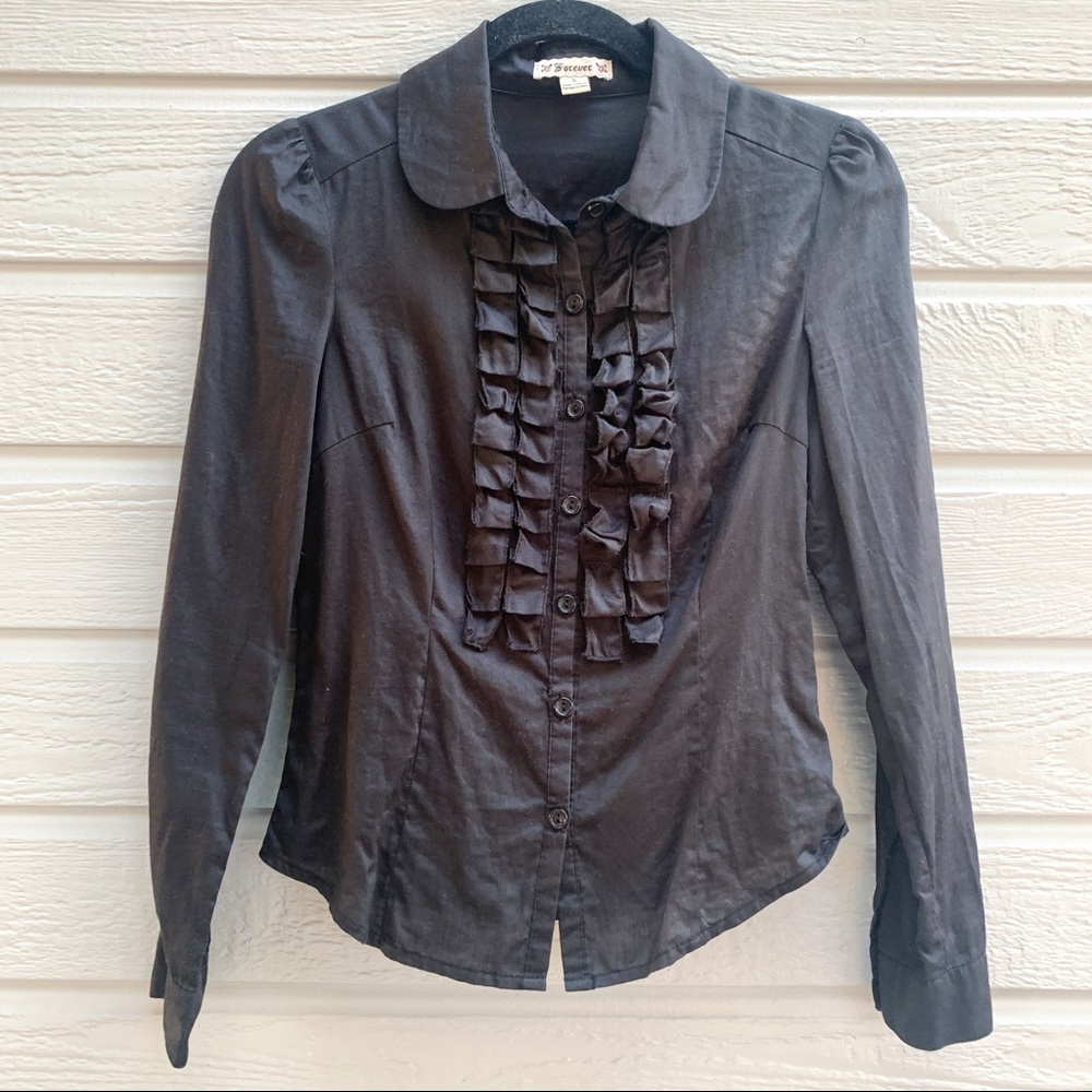 F21 | Black Ruffled Button Down Dress Shirt - S